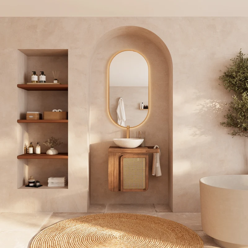 Meuble de salle de bain suspendu Dami en bois de teck et cannage 57 cm