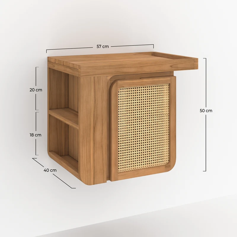 Meuble de salle de bain suspendu Dami en bois de teck et cannage 57 cm