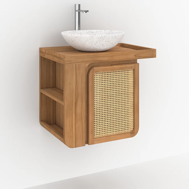 Meuble de salle de bain suspendu Dami en bois de teck et cannage 57 cm