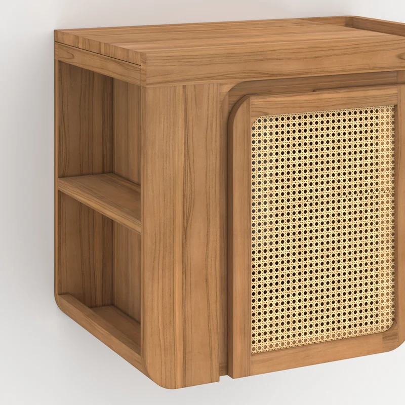 Meuble de salle de bain suspendu Dami en bois de teck et cannage 57 cm