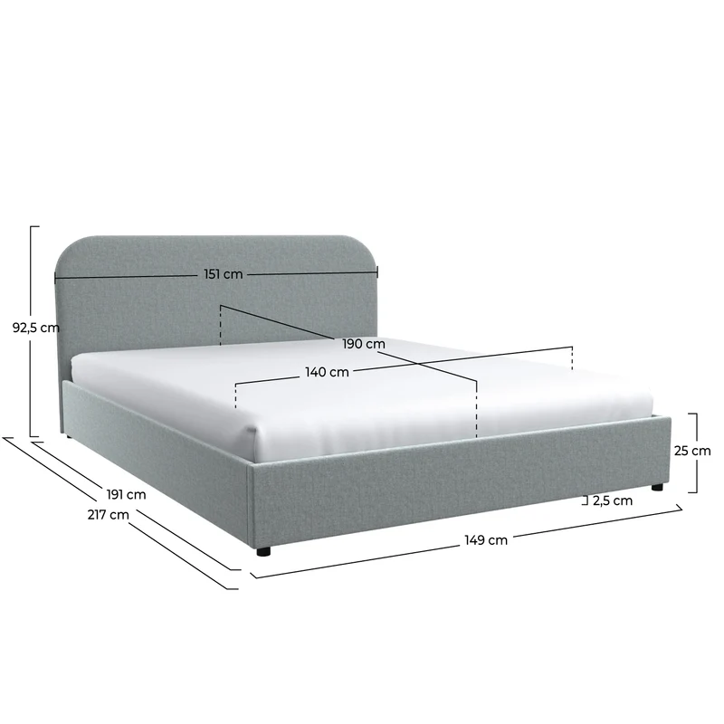 Lit double Tilly avec coffre 140x190 cm en tissu gris