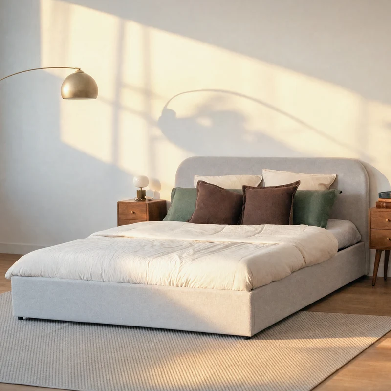 Lit double Tilly avec coffre 160x200 cm en tissu gris/beige