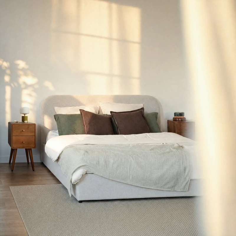 Lit double Tilly avec coffre 160x200 cm en tissu gris/beige