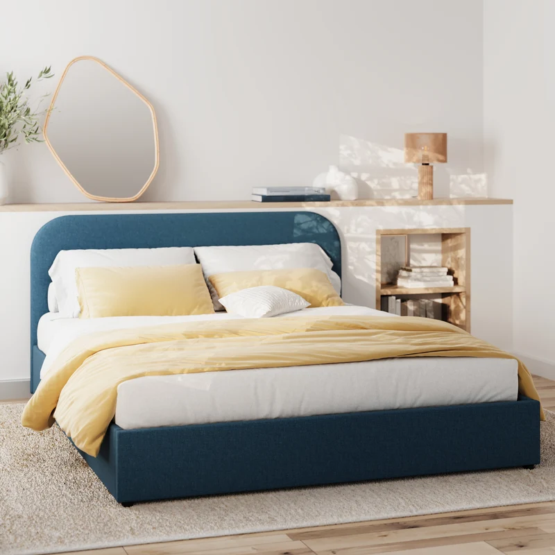 Lit double Tilly avec coffre 160x200 cm en tissu bleu