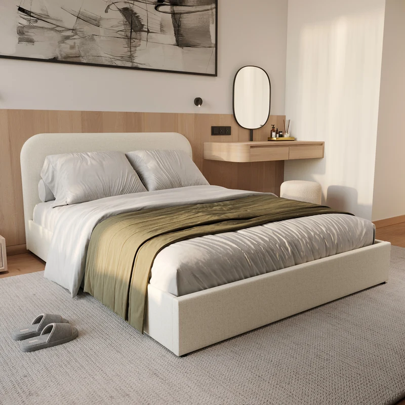 Lit double Tilly avec coffre 140x190 cm en tissu gris/beige