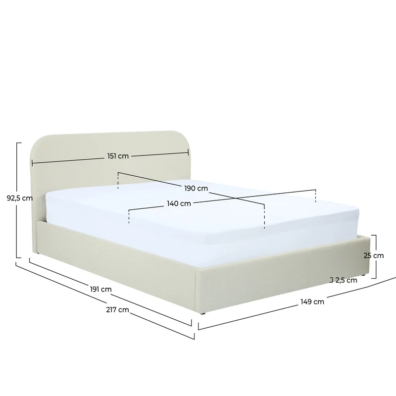 Lit double Tilly avec coffre 140x190 cm en tissu gris/beige