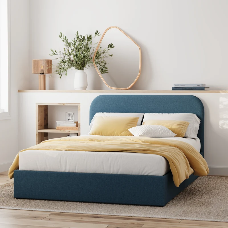 Lit double Tilly avec coffre 140x190 cm en tissu bleu