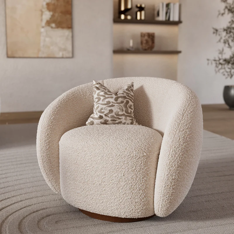 Fauteuil pivotant Naya en tissu bouclé blanc