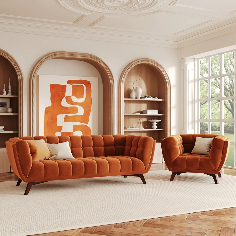 Fauteuil Mona en velours orange curcuma