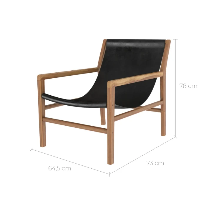 Fauteuil lounge Apache en teck et cuir noir