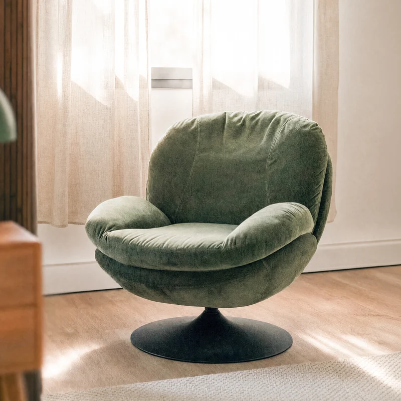 Fauteuil Ricci pivotant en tissu effet velours vert kaki