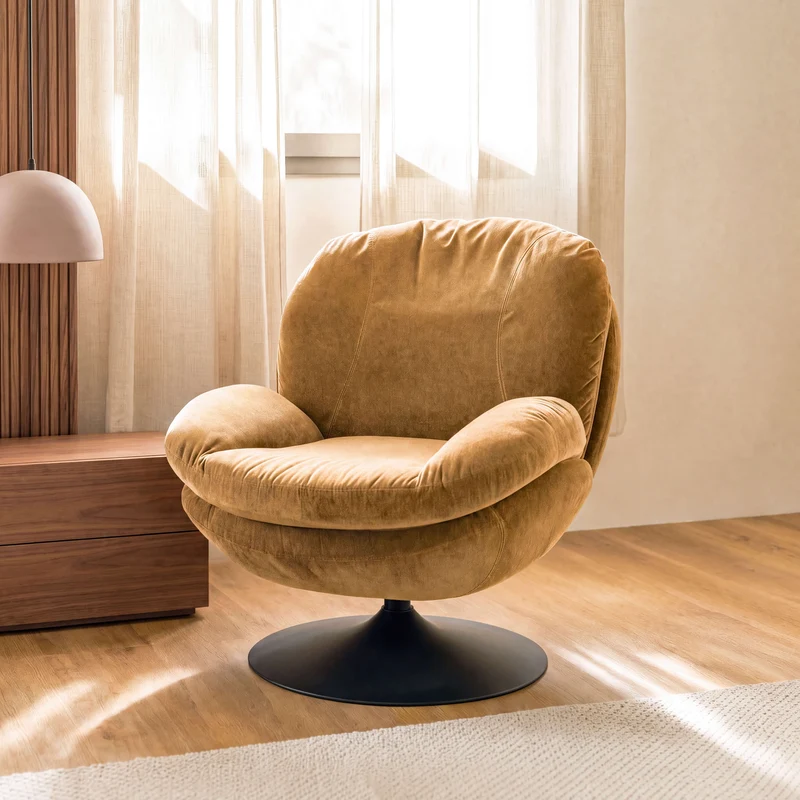 Fauteuil Ricci pivotant en tissu effet velours jaune moutarde