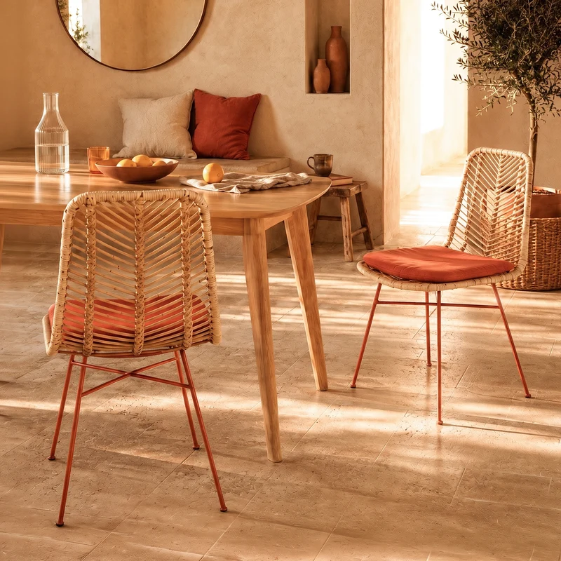 Lot de 2 chaises Tamara en rotin et tissu orange vermillon