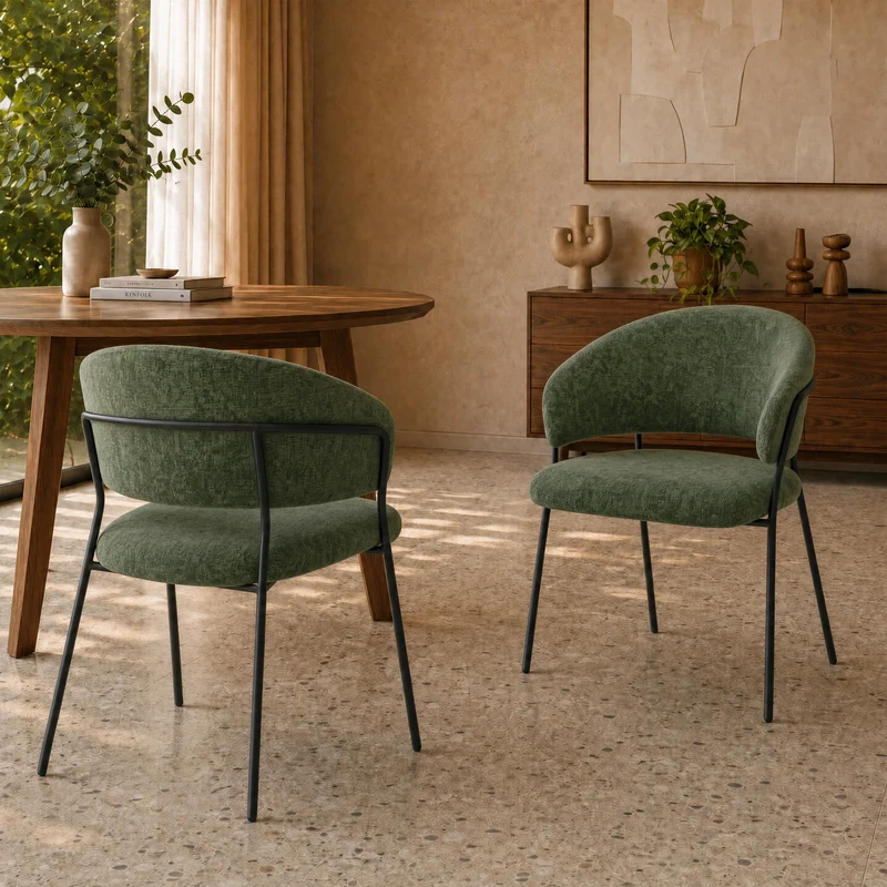 Lot de 2 chaises Amaya en tissu vert sapin et pieds en métal noir