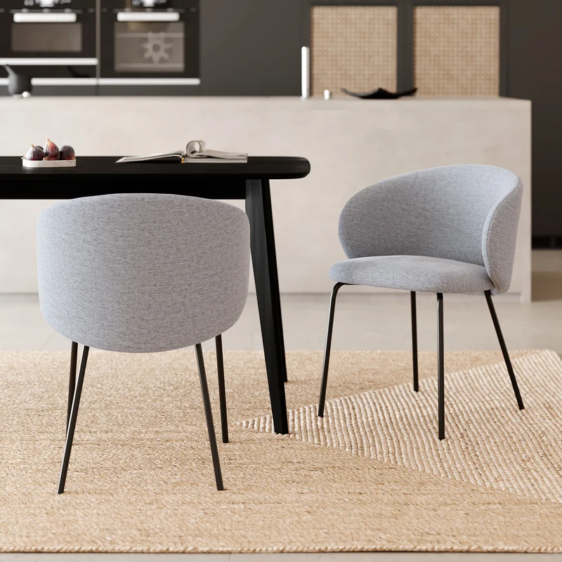 Chaise Victoria en tissu gris clair et pieds en métal noir (lot de 2)