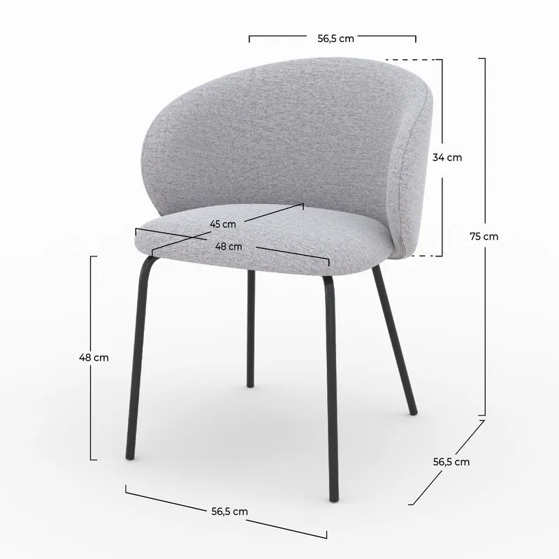 Chaise Victoria en tissu gris clair et pieds en métal noir (lot de 2)