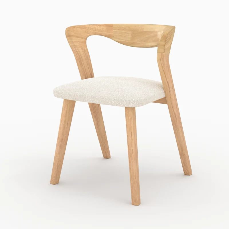 Chaise Vega en bois d'hévéa clair et tissu bouclé crème
