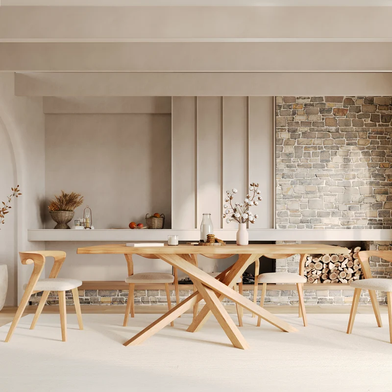Chaise Vega en bois d'hévéa clair et tissu bouclé crème