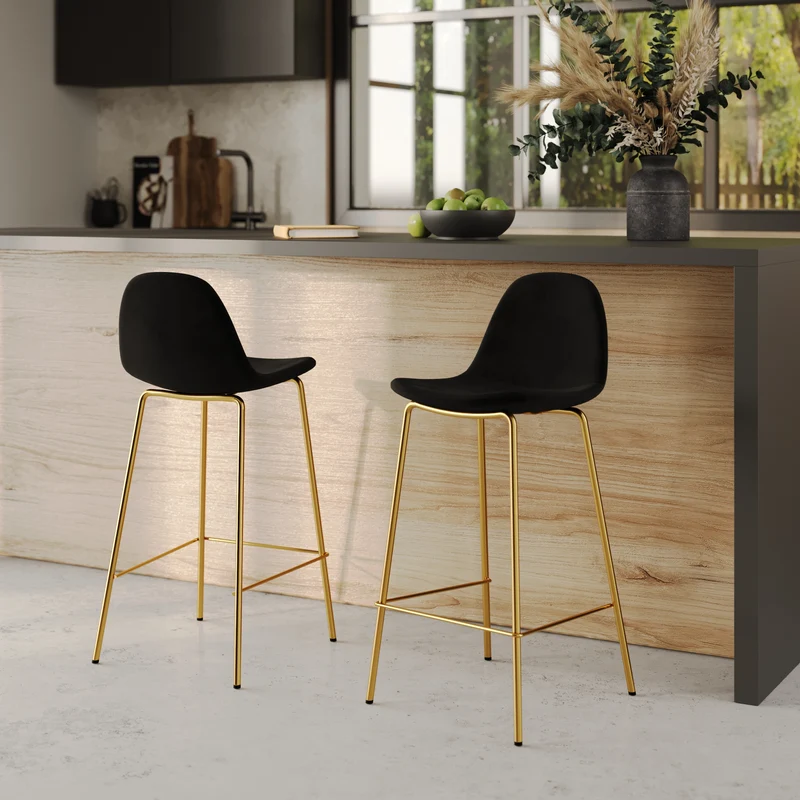 Chaise pour îlot central Henrik en velours noir, doré 65 cm (lot de 2)