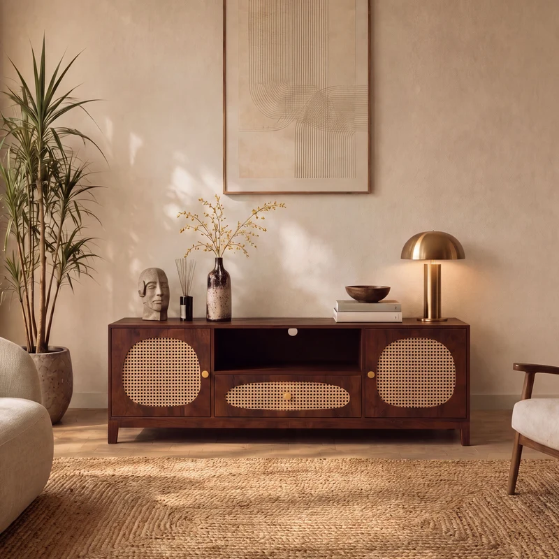 Meuble TV Lanka en bois de manguier et cannage