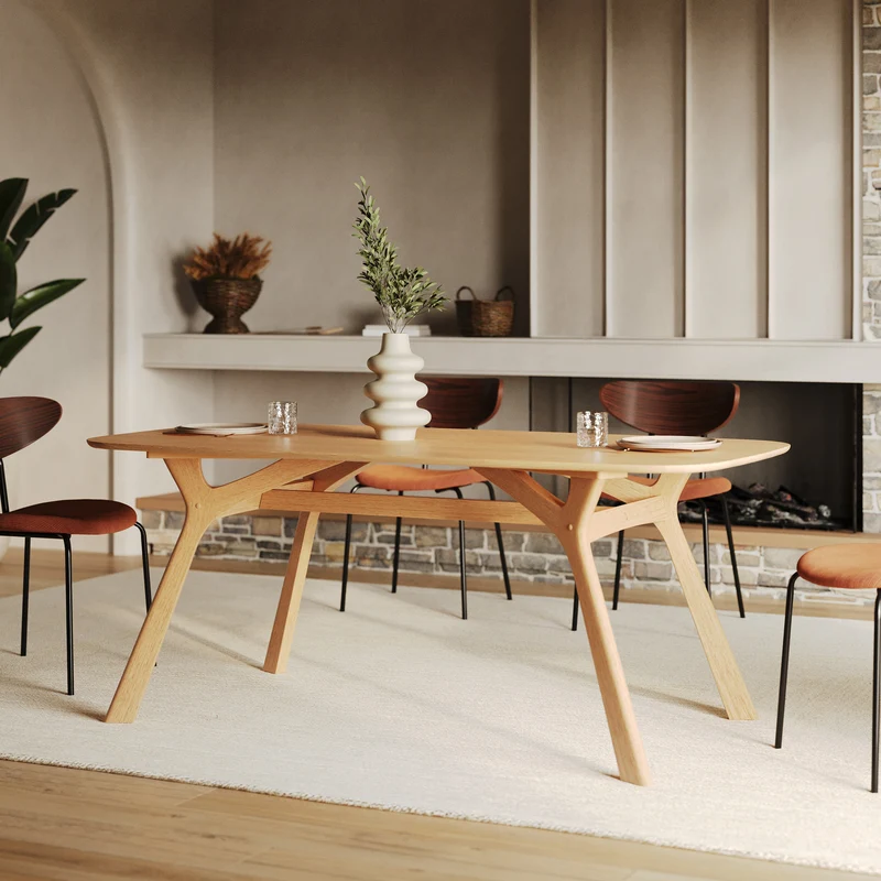 Table rectangulaire Paula 6 places en bois d'hévéa massif et placage en chêne