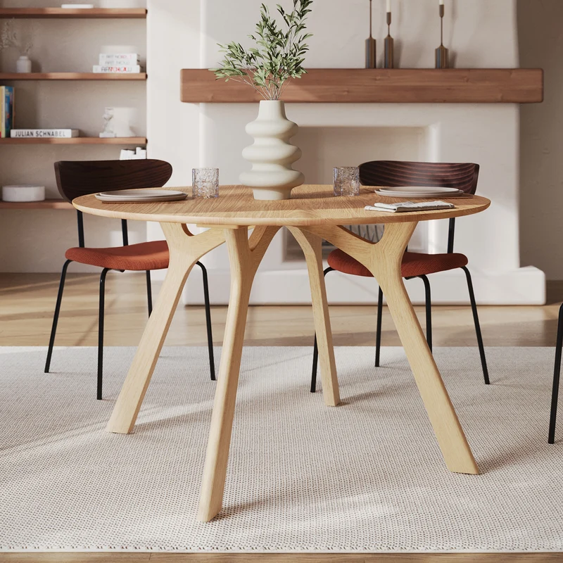 Table ronde Izzi 4 personnes en bois d'hévéa massif et placage en chêne D120 cm