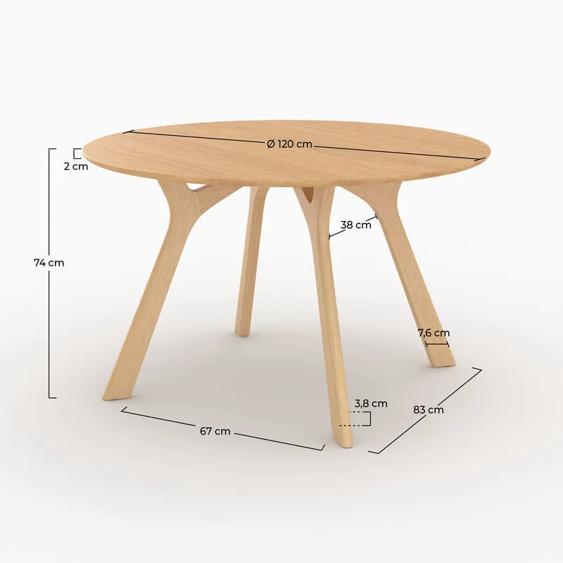 Table ronde Izzi 4 personnes en bois d'hévéa massif et placage en chêne D120 cm