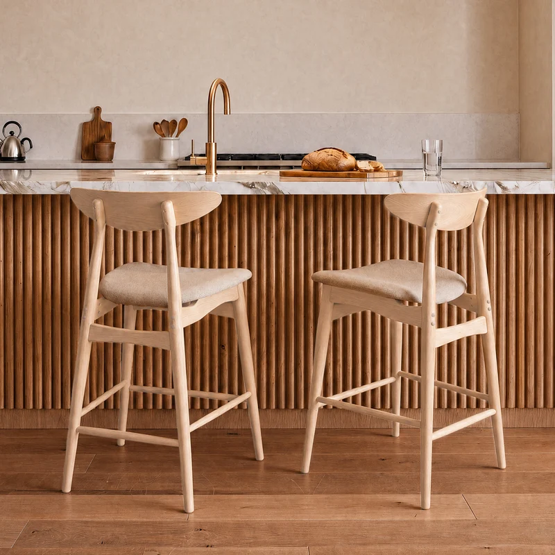 Lot de 2 chaises pour ilot central Josette 63,5 cm en tissu beige et bois d'hévéa clair