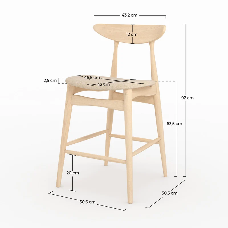 Lot de 2 chaises pour ilot central Josette 63,5 cm en tissu beige et bois d'hévéa clair