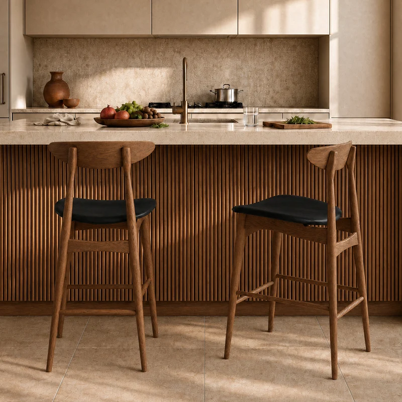 Lot de 2 chaises pour ilot central Josette 63,5 cm en cuir synthétique noir et bois d'hévéa