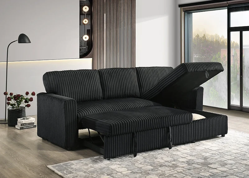 VELORIA NOIR™ – BLACK CORDUROY SOFA BED SECTIONAL – IF-9024