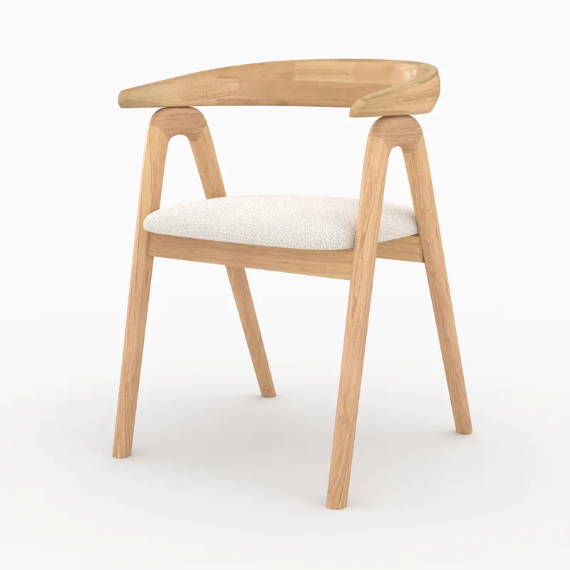 Chaise Hawa en bois d'hévéa clair et tissu bouclé crème