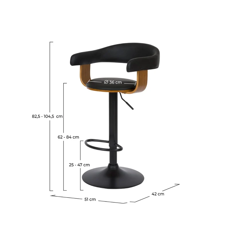 Chaise de bar noire Harold avec accoudoirs 62/84 cm