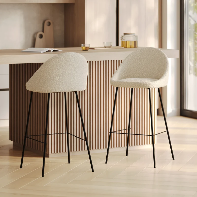 Chaise de bar Misty en tissu bouclette blanche 75 cm (lot de 2)