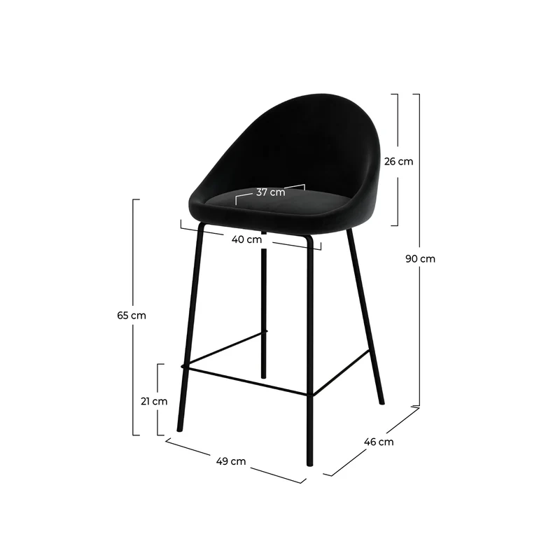 Chaise de bar mi-hauteur Misty en velours noir 65 cm (lot de 2)