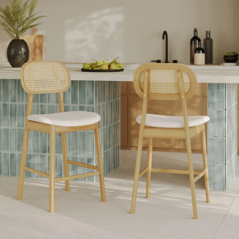 Chaise de bar mi-hauteur Maria en tissu beige et bois 64.5 cm (lot de 2)