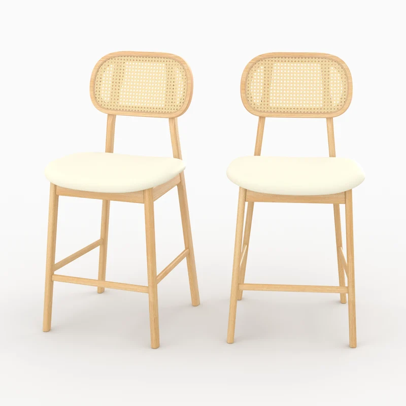 Chaise de bar mi-hauteur Maria en tissu beige et bois 64.5 cm (lot de 2)