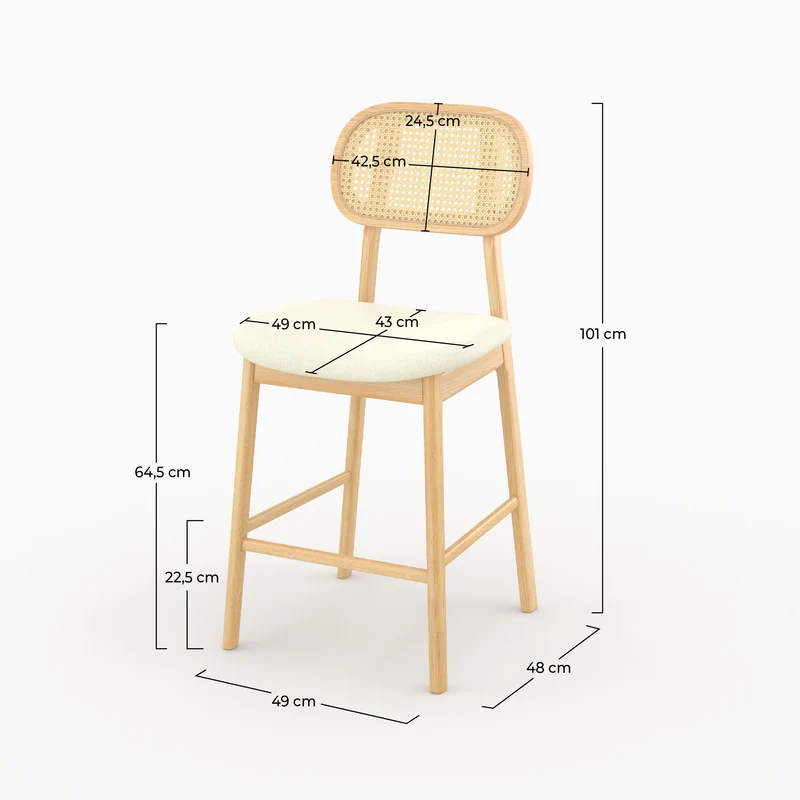 Chaise de bar mi-hauteur Maria en tissu beige et bois 64.5 cm (lot de 2)