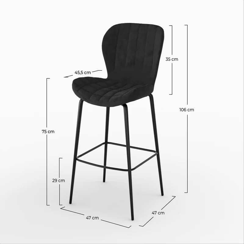 Chaise de bar Mazzia en velours noir 75 cm (lot de 2)