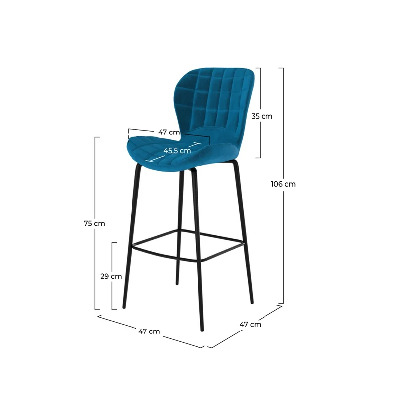 Chaise de bar Mazzia en velours bleu 75 cm (lot de 2)
