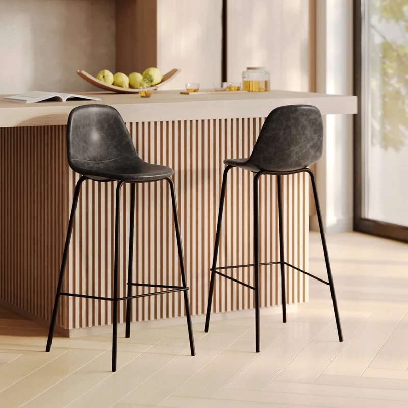 Chaise de bar Henrik en cuir synthétique grise/noire 75 cm (lot de 2)