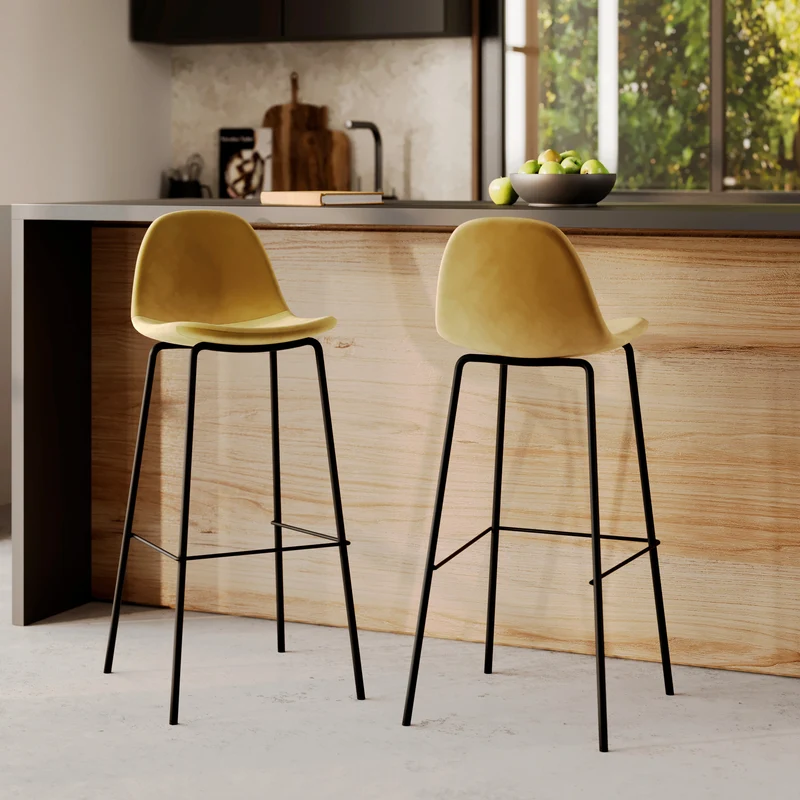 Chaise de bar Henrik en velours jaune 75 cm (lot de 2)