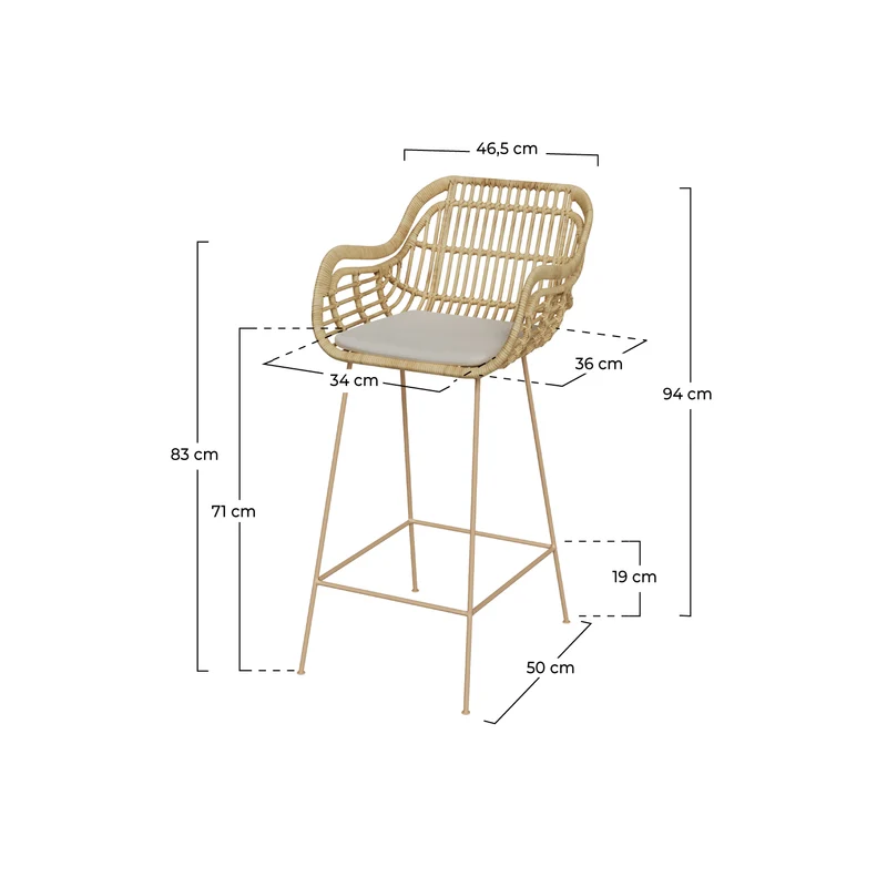 Chaise de bar en rotin Chiloe et pieds en métal beige 71 cm