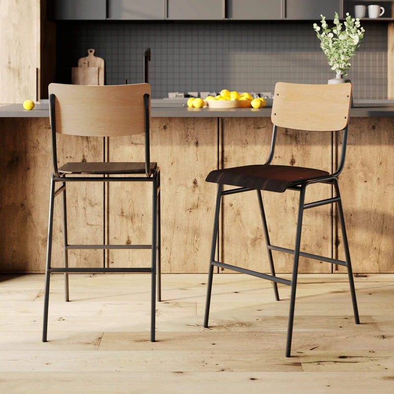 Chaise de bar mi-hauteur Clem en bois clair et noir 66 cm (lot de 2)