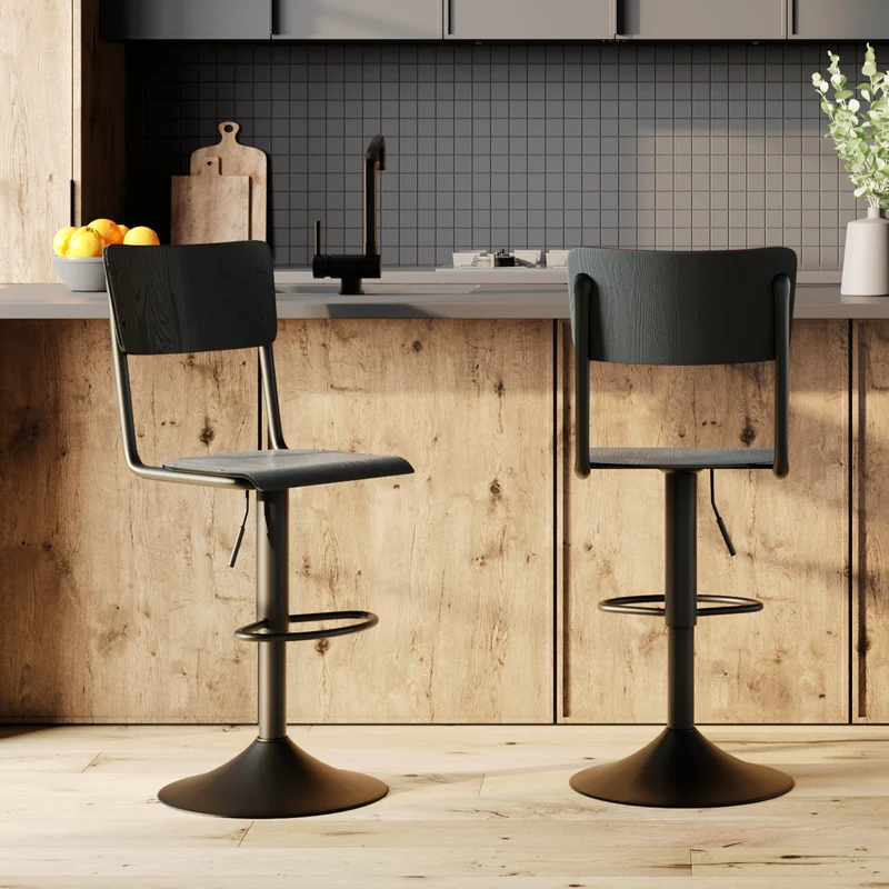 Chaise de bar Clem en bois noir réglable 60/80 cm (lot de 2)