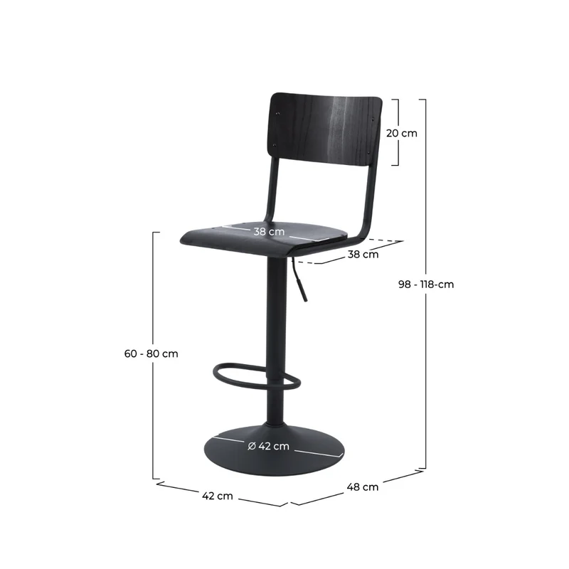 Chaise de bar Clem en bois noir réglable 60/80 cm (lot de 2)