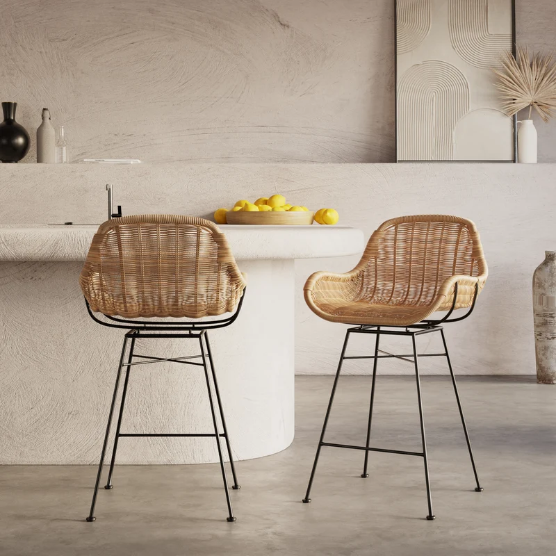 Chaise de bar mi-hauteur Carmela en résine tressée naturelle 65 cm (lot de 2)