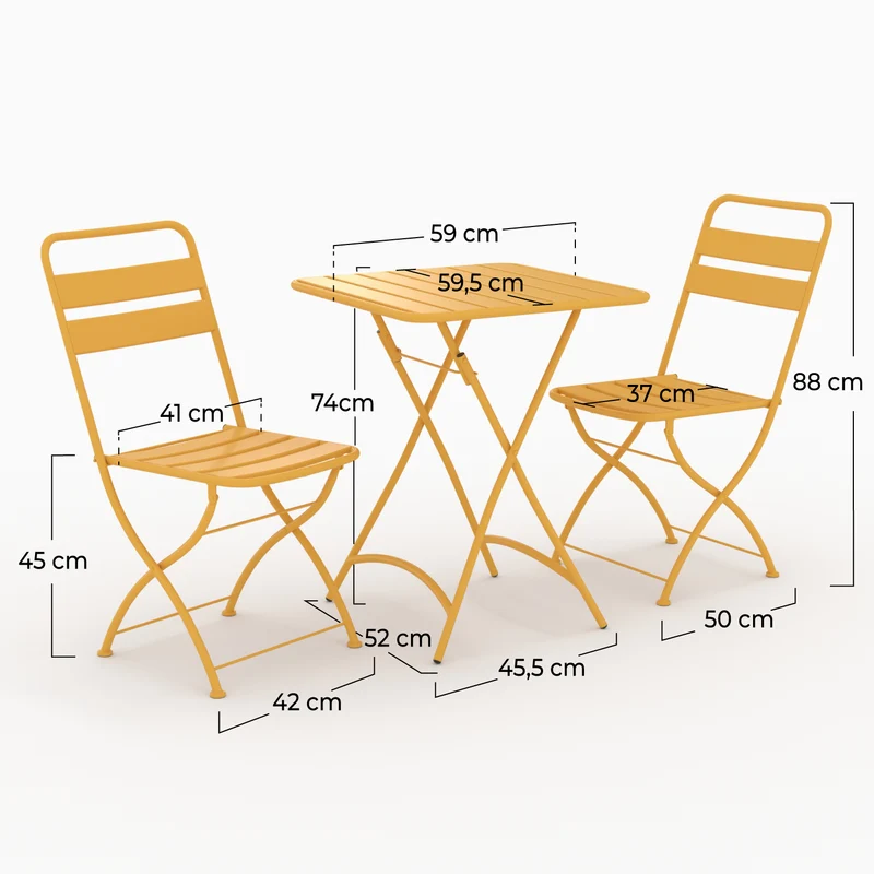 Table et chaises de jardin pliantes Yumi 2 personnes en métal jaune