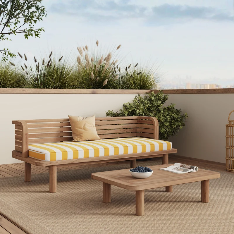 Salon de jardin Kilda 2 places en teck et tissu rayé jaune, canapé
