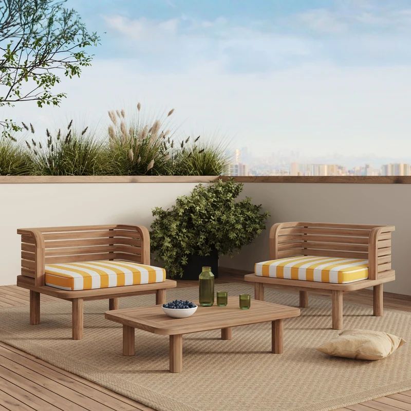 Salon de jardin Kilda 2 places en teck, tissu rayé jaune, 2 fauteuils